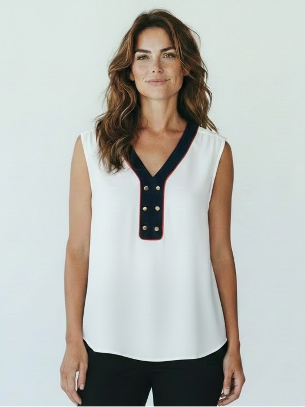 Tahari Arthur S. Levine Off White, Blue, & Red Women’s Sleeveless Blouse, L